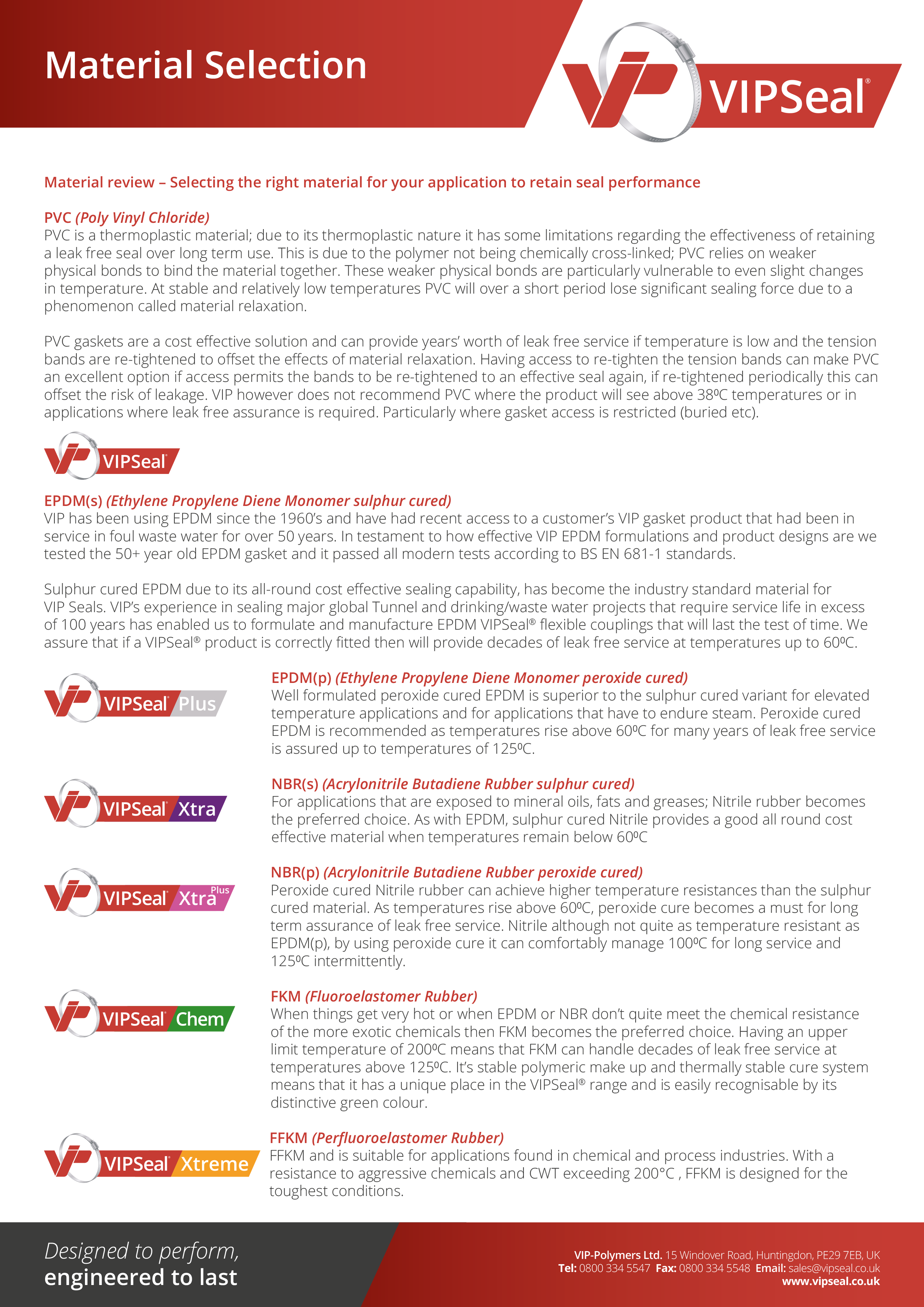 VIPSeal Datasheet - Material selection 2019-2
